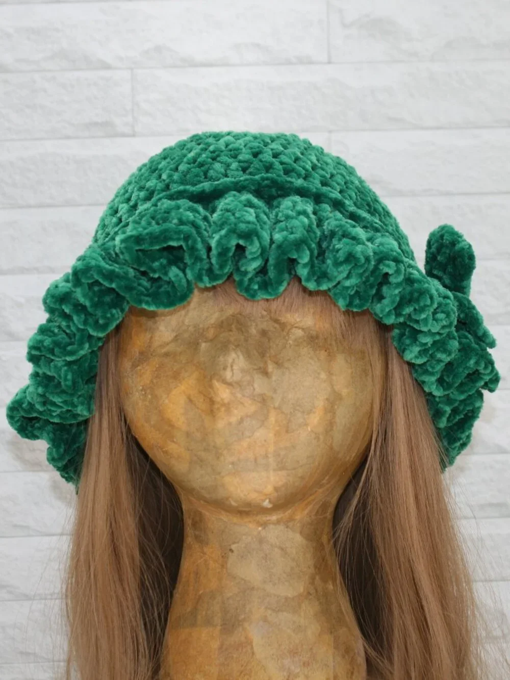 HAND CRAFTED Hat Crochet Bucket Chenille Winter Full Ruffle Green Wide Brim
